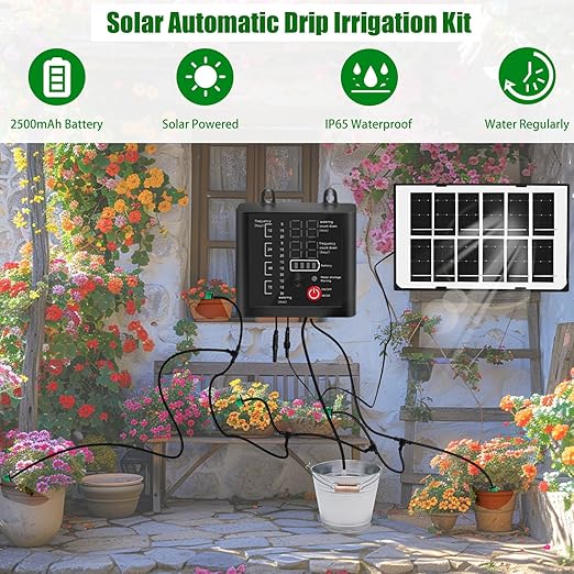 Solar Automatic Watering System Indoor Outdoor, 50Ft Plant Waterer for 15 Potted Plants, Automatic Drip Irrigation Kit with Watering Timer(12 Mode), Anti-Siphon, Solar Power & USB Rechargeable