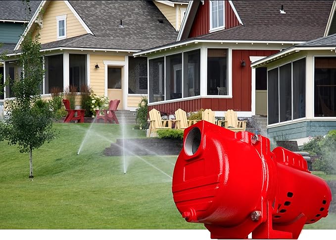 Red Lion RL-SPRK-200-BR, 230 Volt, 2HP, 77 GPH Sprinkler/Irrigation Pump with Brass Impeller, Red, 97102002 and Blue Devil Adjustable Motor Cover, water resistant