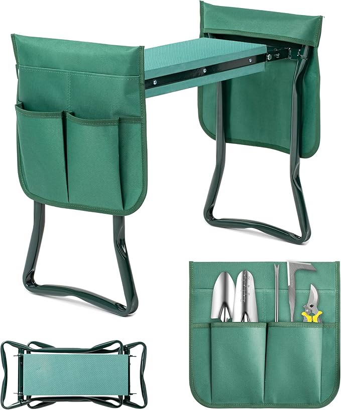 iPower Garden Kneeler and Seat, Foldable Stool, Gardening Bench with Thicken Widen Soft Kneeling Pad, Heavy Duty & 2 Tool Pouches, Gifts for Women, Mom & Dad, Grandparents, Seniors, Green
