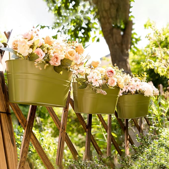5 Pack Metal Hanging Flower Pots for Railing Fence，Outdoor Balcony Rail Planter with Garden Tools Detachable Hooks Drainage Holes for Deck Garden Home Decor Green
