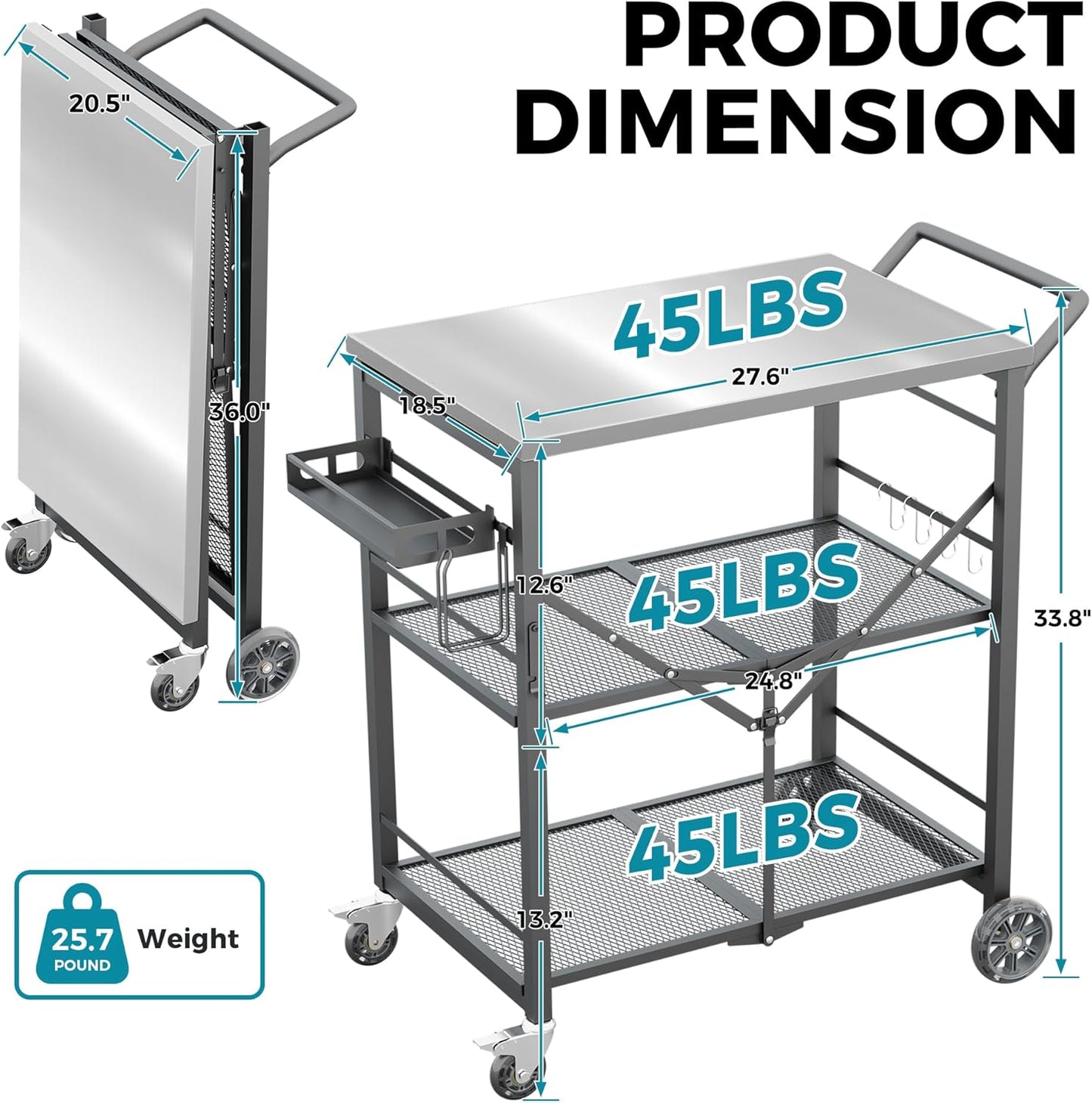 Ciokea Folding Outdoor Grill Cart with Wheels, 3-Shelf Grill Table with 27x18 in Stainless Steel Top, Rolling Pizza Oven Stand, Metal Portable Cart for BBQ Patio Camping (Grey)