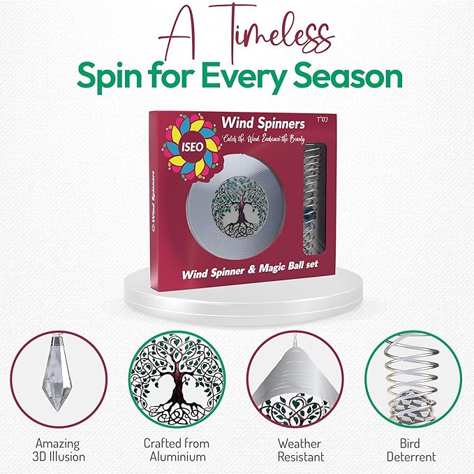 ISEO Tree of Life Wind Spinner Outdoor and Gazing Ball Set, Metal Yard and Garden Decoration, Weather-Resistant Wind Spinners for Outdoor, 6.5" Cool Garden Décor, Perfect Wind Spinner Gift