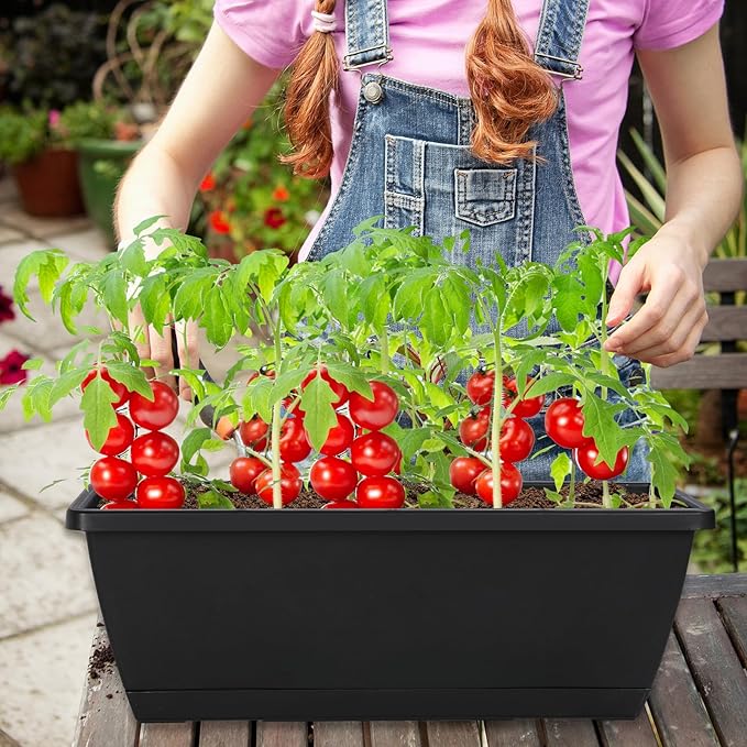 12Pcs 17Inches Rectangle Planter Box with Drainage Holes and Trays Plastic Planters Flower Boxes Pots for Indoor Outdoor Plants Patio Garden Home Decor Porch Yard (Red)