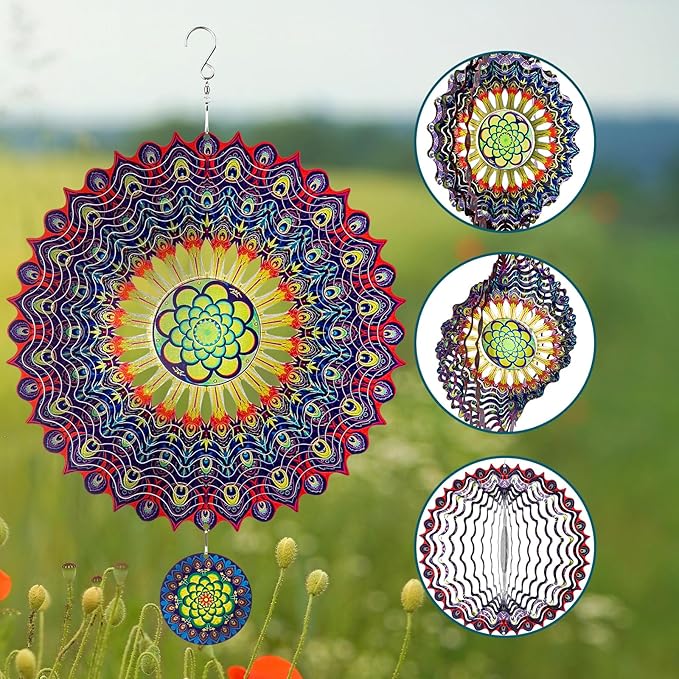 TUOKING Wind Spinners Outdoor Peacock Feathers 3D Metal Hanging Art Wind Sculptures 12 Inch Stainless Steel for Yard and Garden Decoration Worth Gift for Women