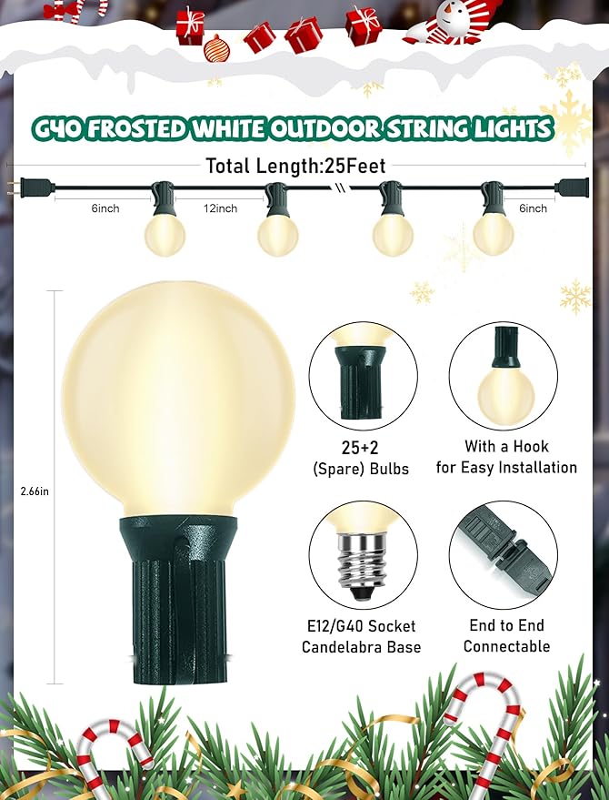 G40 Globe Christmas Lights Outdoor, 25FT Frosted White String Lights with 27 Incandescent Bulbs, Hanging Patio String Lights Waterproof for Indoor Home Garden Backyard Holiday Party Xmas Tree Decor