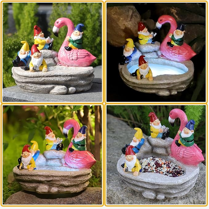 Garden Gnomes Statue Outdoor Gnome Decor Solar Gnome Statues Decoration for Lawn Yard Balcony Patio,Funny Gnome Riding Flamingo Figurine Mom Gift