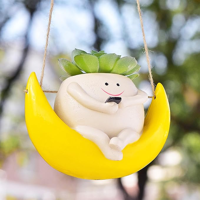 Swing Smiley Face Hanging Planter Pot for Indoor Outdoor Plants, Cute Swinging Plant Pot, Hanging Flower Pots, Face Planter Pot Head, Valentines Day Gifts for Her(Rocking Moon)