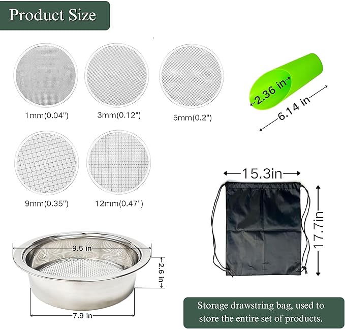 Soil Sifter for Gardening, Stainless Steel Sifting Pan Dirt Sifter, 9.5in Rock Sifter with 5 Sieve Mesh Filter Sizes(0.04",0.12",0.2",0.35",0.47")