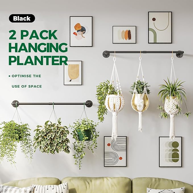 Bamworld Hanging Planters 2PCS for Indoor Plants Hanging Plant Holder Plant Hanger Indoor Ceiling Window Plant Shelves Wall Mount Black Metal Rod(Pot&Plant Not Included)