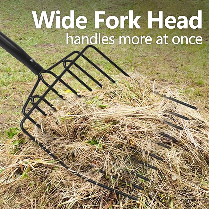 Pitch Fork for Gardening, 10 Tines Wide Pitch Fork with Fiberglass Handle, Heavy Duty Pitch Fork for Bedding, 45 Inches