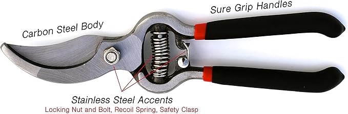GARDEN GURU Classic Bypass Pruning Shears Clippers – Heavy Duty Forged Steel Garden Pruners – Safety Lock – Non Slip Comfort Grips – Cuts up to 1” Diameter – Professional Bypass Pruners for Gardening