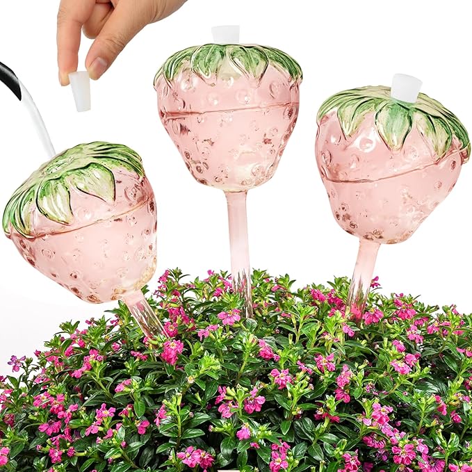 3 Packs Strawberry Plant Watering Globes, Large Water Globes for Indoor Plants, Glass Self Watering Planter Insert, Top-Fill Watering Bulbs for Indoor Outdoor Plants