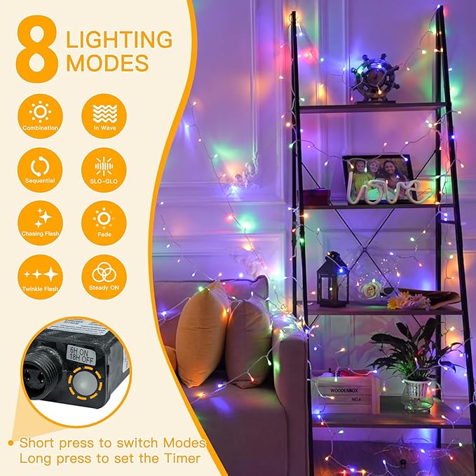 Ollny Christmas Lights Outdoor 200LED 60FT, Multicolor Connectable Plug in Fairy Light Indoor, 8 Modes Waterproof Timer Plug in LED String Lights for House Outside Bedroom Patio Balcony