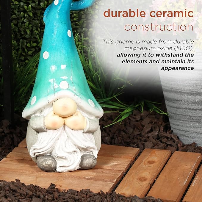 Alpine Corporation 17” Tall Outdoor Garden Gnome Yard Decoration - Speak No Evil Statue - Gnome with Turqoise Polka Dot Hat – Durable, Weatherproof Décor for Patio & Deck