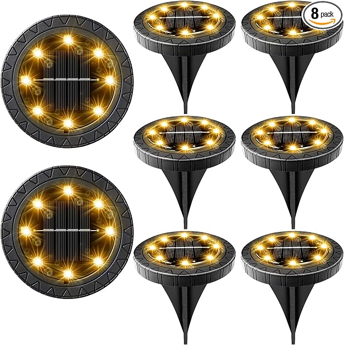 Solar Powered 8 Pack Outdoor LED Disk Lights - IP68 Waterproof, Non-Slip, Wear-Resistant Pathway Lights (Warm White)