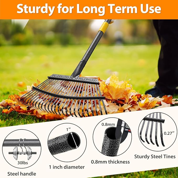 Rake, Garden Rake for Leaves, Heavy Duty Metal Leaf Rake with 37-79 inch Adjustable Long Steel Handle, 25 Tines 18" Wide Yard Rake for Lawns Flower Bed Grass Mulch Shrub Camping Gardening