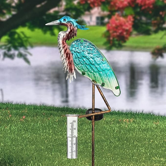 LEWIS&WAYNE 43’’ Solar Heron Rain Gauge Outdoor Decorative Metal Stake LED Lights with Glass Tube Solar Pathway Lights for Garden, Yard, Patio, Lawn Decor