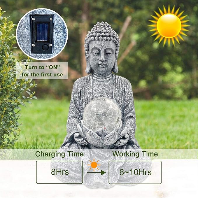 Nacome Meditating Buddha Statue with Solar Light,Zen Solar Garden Buddha with Cracked Glass Ball Sculpture-Indoor/Outdoor Decor for Balcony,Garden,Patio,Porch Yard Art Ornament,Gift