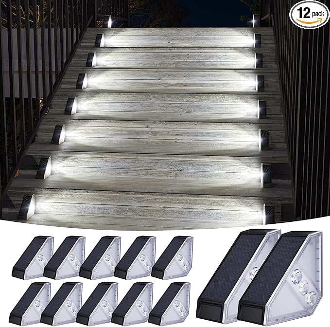 KINKAI 12 Pack Solar Stair Lights, Outdoor Step Light Waterproof Deck Lighting for Outside Garden Front Door Porch Yard Patio Decor (White Light)
