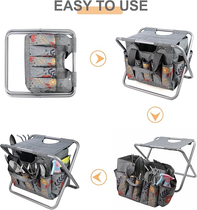 MDSTOP Folding Gardening Stool with Detachable Storage Tote Bag, Gardening Tools Set Organizer for Fishing Outdoor Sports Hiking Camping Garden, Gardening Gifts for Mom/Dad, Without Tools (Aluminum)