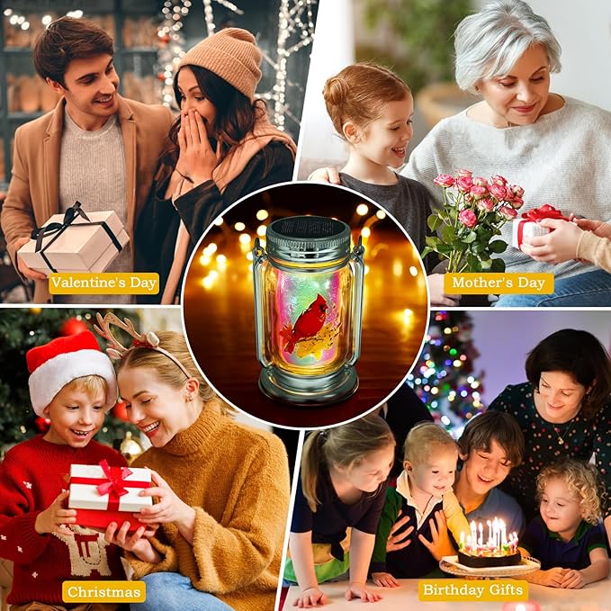 Outdoor Solar Cardinal Lantern-2 Pack Garden Hanging Red Bird Lanterns, Gifts for Mom Women Grandma,Silver Glass Mason Jars,Waterproof LED Decorative Lights for Patio Table Garden Pathway Yard