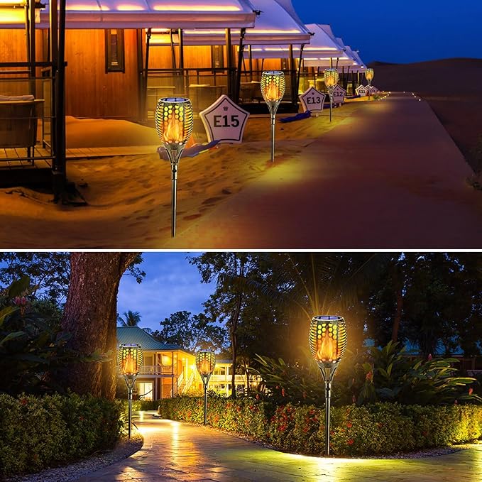 Solar Torch Light 4 Pcs Solar Lights Outdoor 96 LED Upgraded Waterproof Landscape Garden Pathway Light with Vivid Dancing Flickering Flames Auto On/Off Dusk to Dawn for Garden Pathway Yard Decoration