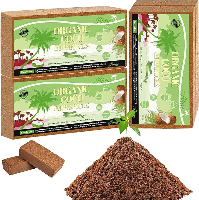 Riare 4pcs Organic Coco Coir Bricks Soil Blocks- 100% Natural Compressed Coco Peat Brick Coconut Fiber Substrate with Low EC& pH Balance, High Expansion Coco Coir Pith Coconut Husk for Garden