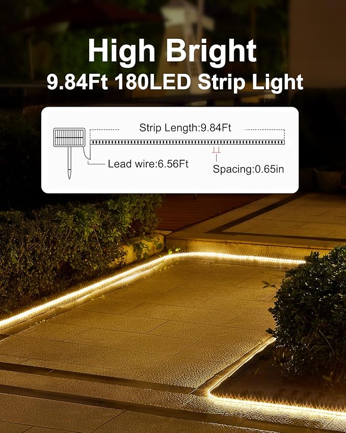 LUHLEE Solar LED Strip Lights,2023 Upgrade Outdoor Rope Lights 8 Lighting Modes,IP65 Waterproof String Lights for Patio Yard Deck Porch Balcony Garden (Warm White, 9.84 ft)