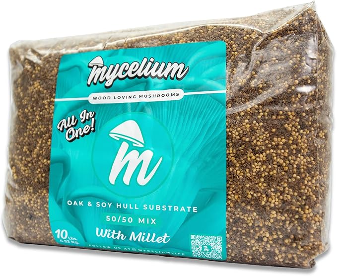 Mycelium Gourmet Mushroom All-in-One Bag - Premium Organic 10LB Blend of Oak & Soy Hull Substrate with Sterilized Millet - Perfect for Variety of Wood-Loving Mushrooms - Home Growing Made Easy
