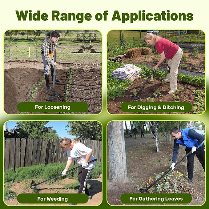 Stirrup Hula Garden Hoe with 4 Tines Rake, 2 in 1 Yard Weed Puller Gardening Weeding Tools, Garden Tiller Cultivator with 62.6" Adjustable Handle for Garden Weeding,Seeding,Ditching,Loosening Soil