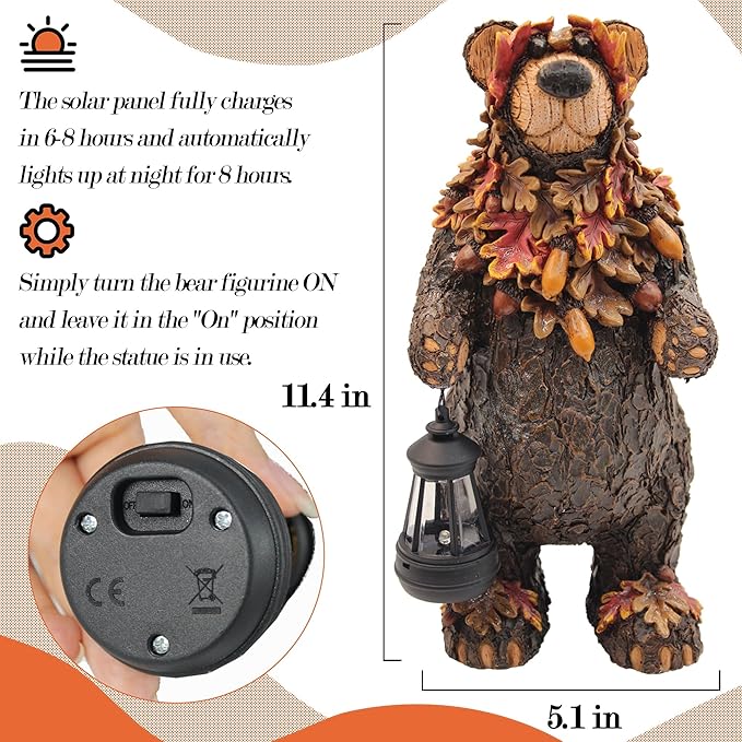 Solar Garden Statue Bear Figurine, Garden Art Outdoor Statues with Solar Lantern, Loving Bear for Patio, Balcony, Yard, Lawn, Unique Housewarming Gifts