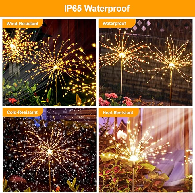 solar fireworks lights for outside, 150LED 8 Modes Fireworks Solar Lights Outdoor, Fairy Garden Flowers Lights for Yard Pathway wedding Party Christmas Diwali Garden Decor 4Pack (Warm White)