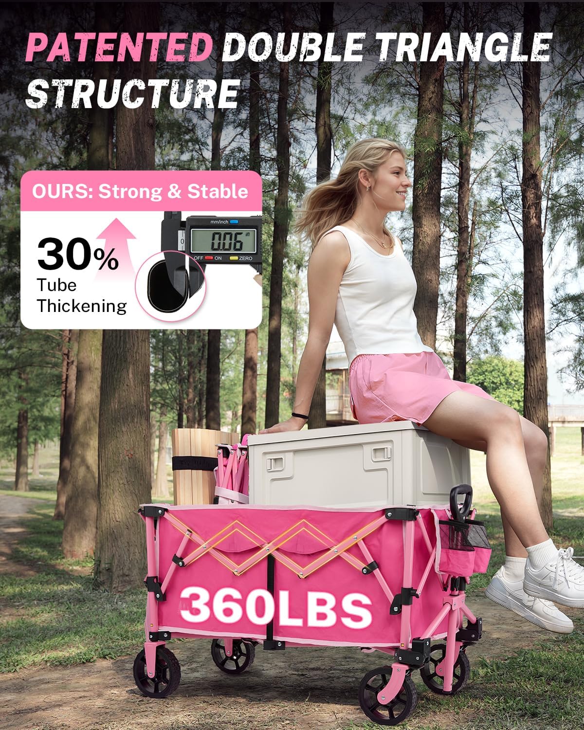 Gonex 38''L Extra Long Collapsible Foldable Wagon Cart with 360lbs Weight Capacity, 220L Folding Utility Garden Cart with Detachable Wheels for Grocery Sports Shopping Camping - Pink