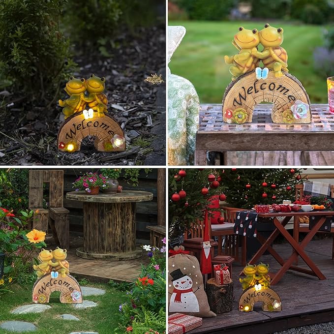 Attivolife Garden Statue Turtle Welcome Decor, Outdoor Solar Light Cute Succulent Frog Face Figurines LED, Patio Lawn Porch Yard Balcony Decor, Unique Housewarming Birthday Gift for Mom Women