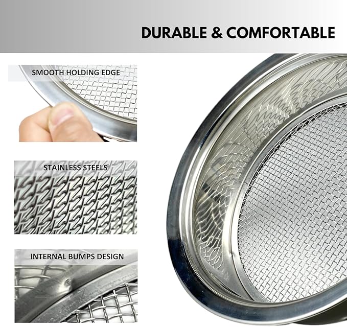 Soil Sifter for Gardening, Stainless Steel Sifting Pan Dirt Sifter, 9.5in Rock Sifter with 3 Sieve Mesh Filter Sizes (0.04",0.12",0.2")