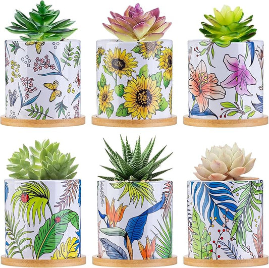 Succulent Pots for Plants, 3.1 Inch Ceramic Planter Pot with Drainage Holes and Bamboo Tray, Home Decor, Set of 6 - Plants Not Included