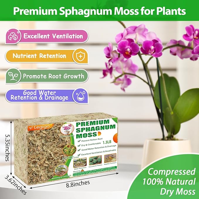 Legigo 1.3LBS Premium Sphagnum Moss for Plants 25QT Natural Succulent Carnivorous Plant Moss Dried, Long Fiber Orchid Moss for Repotting Succulent Sarracenia Potted Plants Gardening and Reptiles