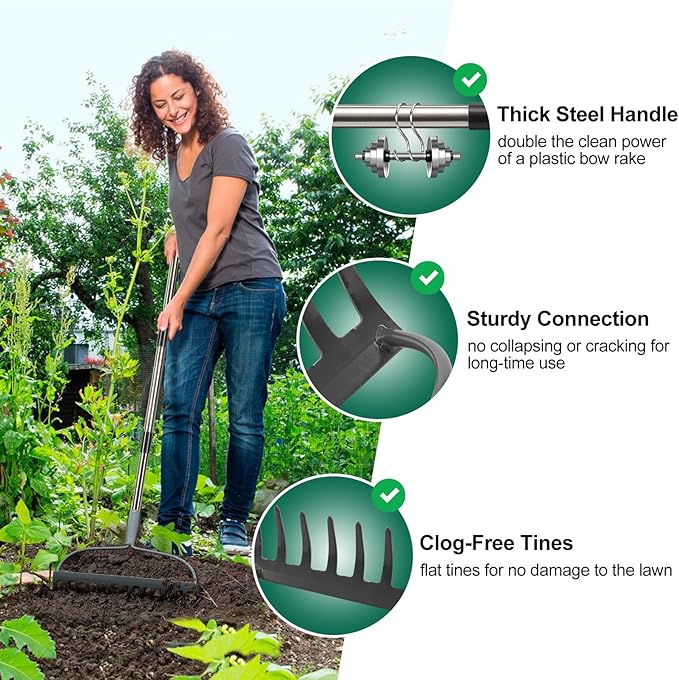 Rake for Leaves, Garden Bow Rake Heavy Duty, 48 in Leaf Rake for Lawns, Back-Saving Metal Rake with 14 Tines Rake Head, Yard Gardening Tools for Loosen Soil, Clear Gravel Grass Rock, Level Mulch