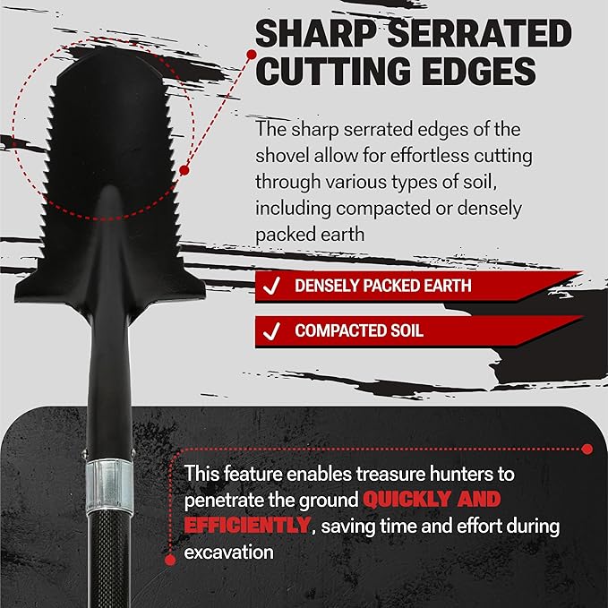 CKG Carbon Metal Detecting Shovel Digging Tool with Double Serrated Blade – Lightweight Digger Garden Root Cutter, Spade Professional Metal Detector Accessories, Single