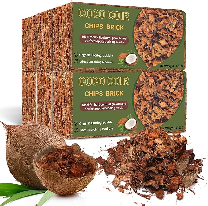 Coco Chips Substrate 6.6 LBS, Organic Coconut Husk Brick with Low EC and pH Balanced, Easy to Expand Coco Coir Mulch Medium for Garden Flowers & Reptile Bedding (6 Pcs)