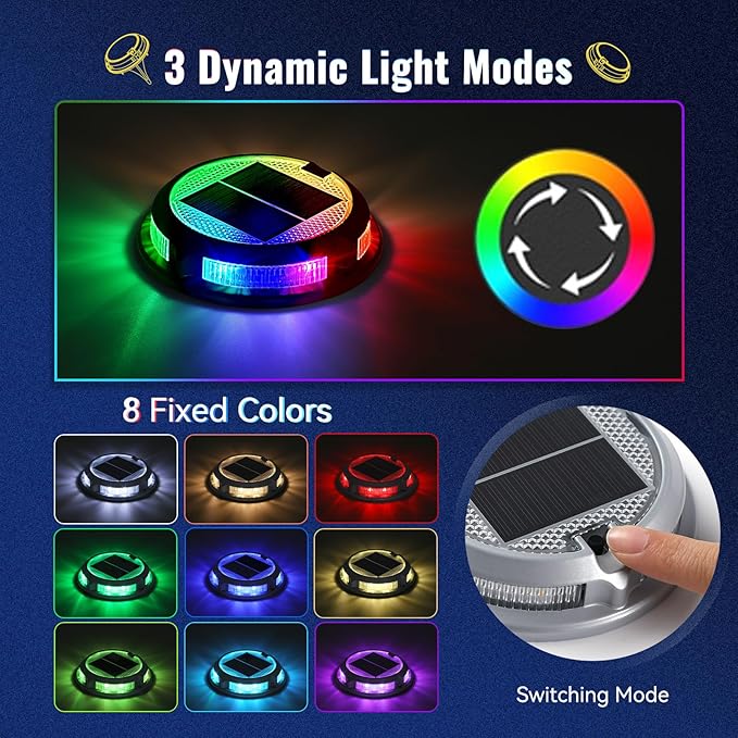 Solar Driveway Lights Outdoor 16 Pack, 9 Colors Solar Deck Dock Lights Outdoor Waterproof IP68, 3 Dynamic Light Modes, Driveway Marker for Warning Stair, Boat Dock, Step, Walkway, Patio Decor