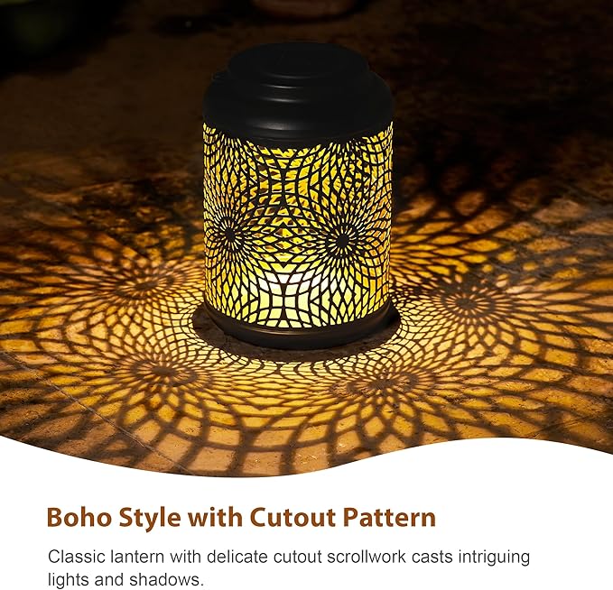 Glitzhome Solar Lantern Black Metal Cutout Scrollwork Outdoor Hanging Solar Light with Handle for Garden Patio Yard Outdoor Decor