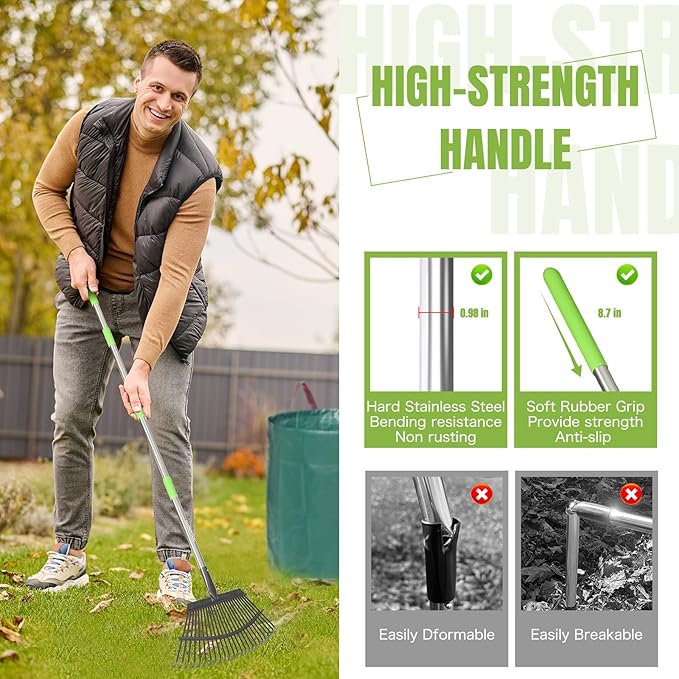 JOYHALO 65 Inch Rake for Leaves, 25 Tines Metal Leaf Rake Set with 32 Gallon Leaf Bags Leaf Scoops, Garden Rake 18in Wide, Rakes for Gardening Lawns Yard Outdoor Camping Shrub Grass Bush