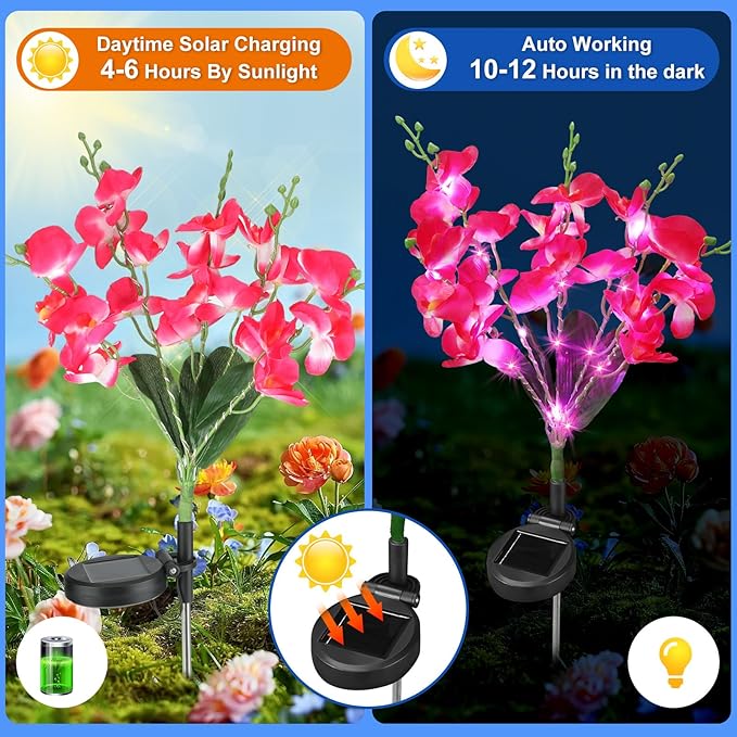 Solar Garden Lights, Solar Lights Outdoor Waterproof with Phalaenopsis Flower, 3 Pack Solar Powered Outdoor Lights,Garden Lights for Outside,Pathway Patio Yard Decor,Gifts for Mothers Day Mom Women