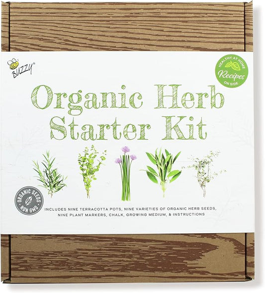 Buzzy 9 Large Terracotta Pot Organic Herb Garden Gift Box, Best Present for Gardeners - Mother's Day or Easter Plant Gift for Mom - Rosemary, Basil and Other Seeds Included in The Indoor Planter kit.