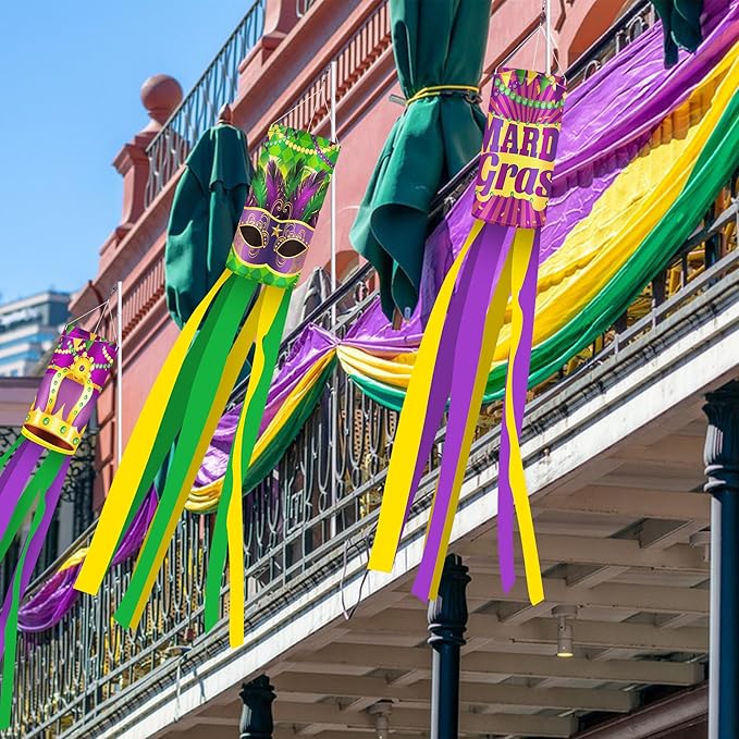 EBaokuup 4 Pcs Mardi Gras Wind Sock,41.3 Inch Mardi Gras Spinners Windsock,Purple Yellow Green Decor Windsock for Home Yard Party Mardi Gras Outdoor Decoration