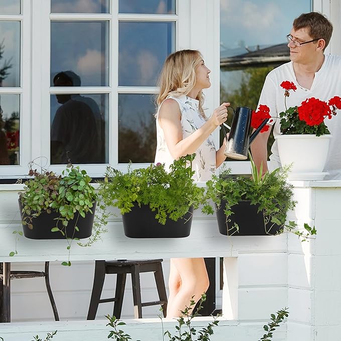 Beautiful Hanging Flower Pots for Outside Railing Or Fence - Stylish Set of 3 Outdoor Planters For Any Balcony, Porch or Deck - Window Planter Boxes Are Perfect to Grow Fresh Herbs & Flowers at Home