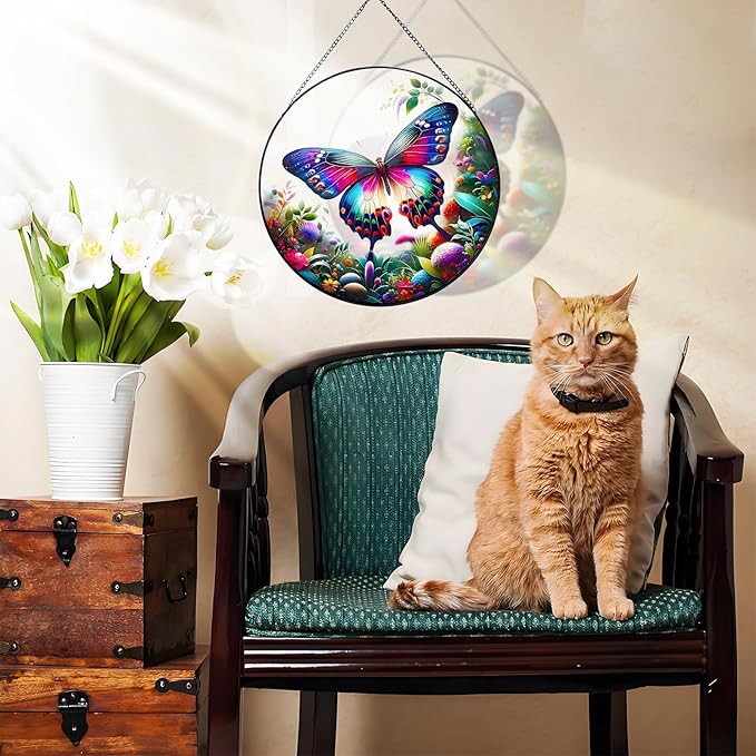 RIVEENY Butterfly Stained Glass Window Hangings, 8" Monarch Butterfly Hanging Stained Glass for Windows, Sun Catcher Garden Hangings Christmas Mother's Day, Valentine's Day Ornaments Festival Gift