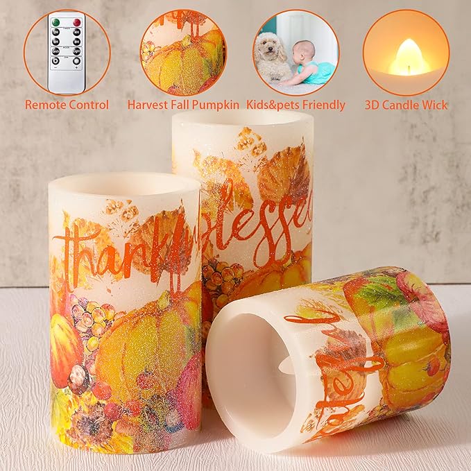 Thanksgiving Blessings LED Candles Pumpkin Glitter Desgin Real Wax Flickering Flameless Fall Harvest Battery Operated with Remote Timer 6H for House Warming Gifts New Home Table Tary Decor