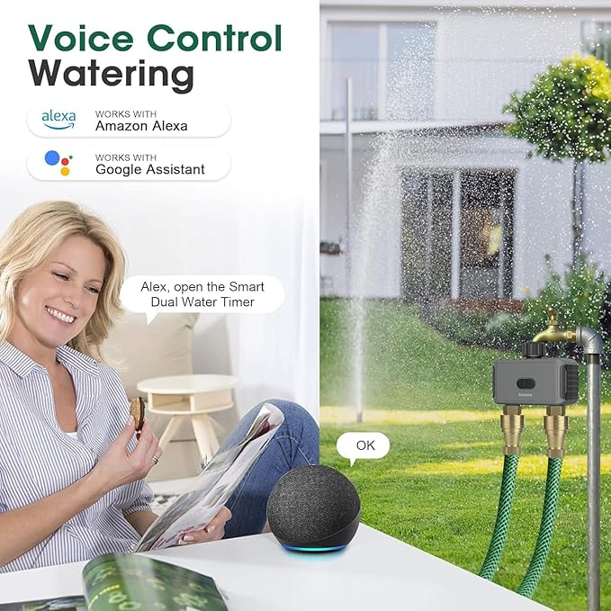 Smart Hose Watering Timer with Wi-Fi Hub, Automatic Irrigation System Controller for Lawns and Yard, Compatible with Alexa Dark Gray-Plastics Inlet & Plastics Outlet (2-Outlet)